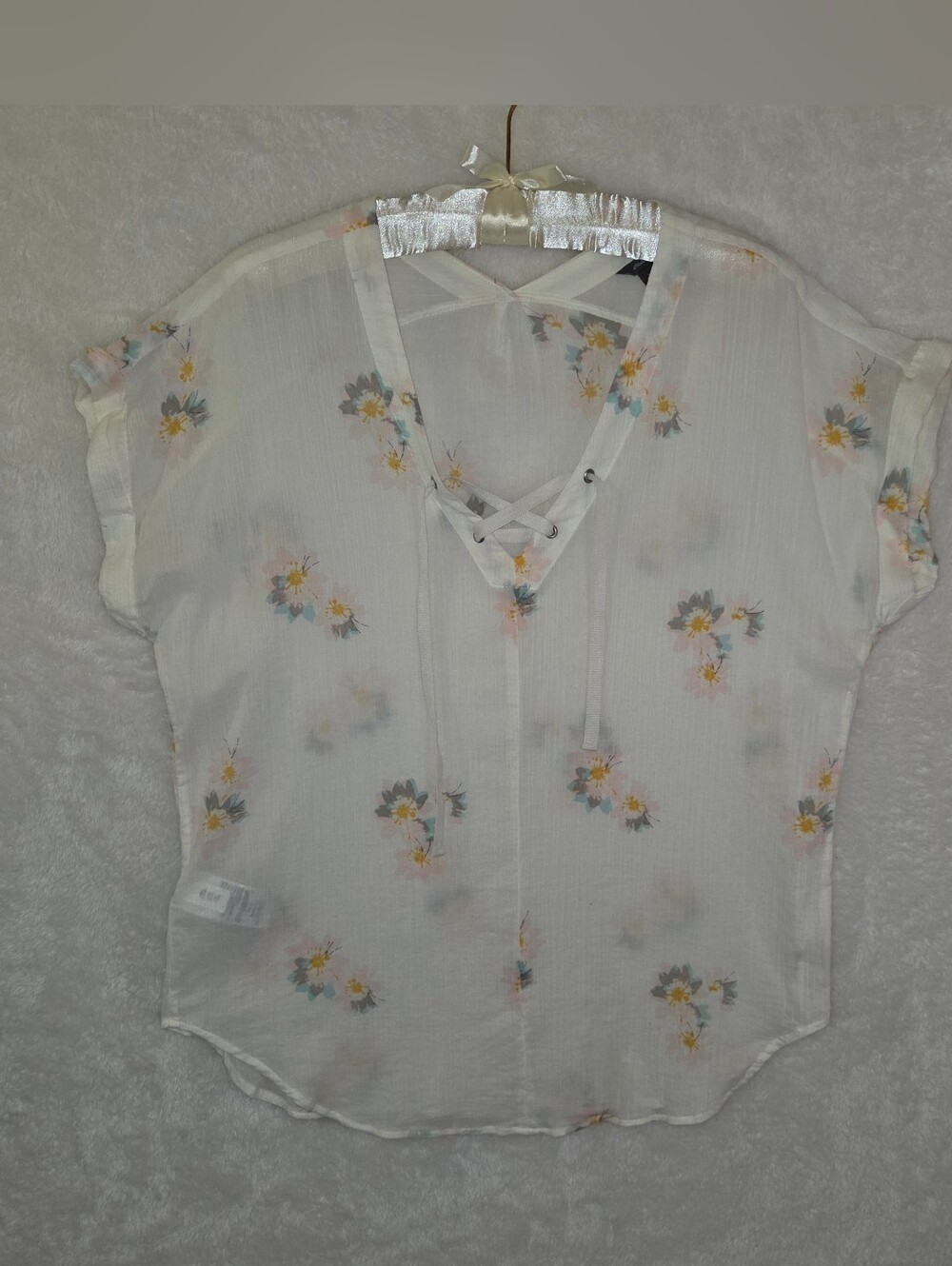 Eddie Bauer Boho Ditsy Floral Lace Up V-Neck Gauze Semi Sheer Blouse Sz L